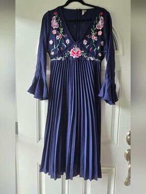 ASOS Navy Floral Embroidered Pleated Midi Dress Bell Sleeve US 6 Boho